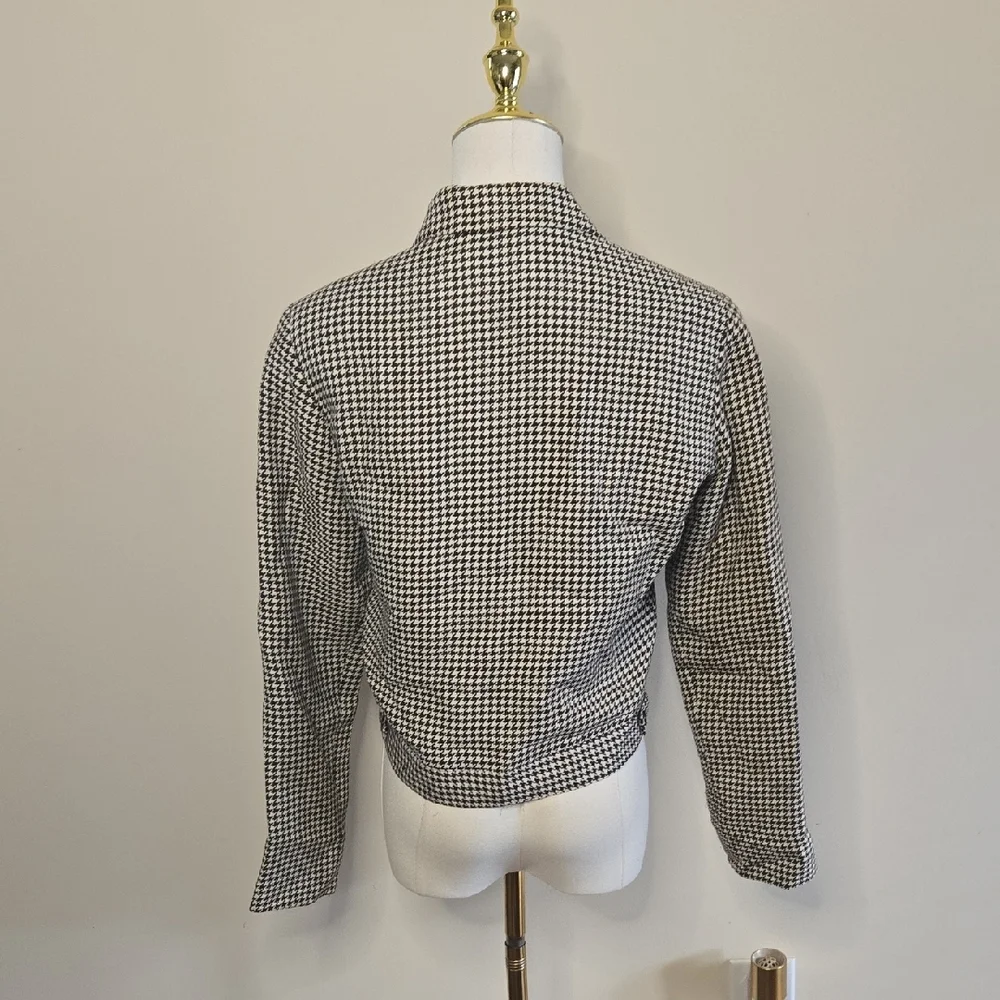 Vintage Express Brown Cream Houndstooth Cropped Tailored Jacket 90s Y2K Academia - Picture 4 of 7